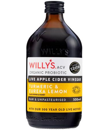 Willy's ACV Organic Live Probiotic Apple Cider Vinegar with Mother for Gut Health - Fresh Turmeric Honey & Black Pepper (1 x 500ml) white single