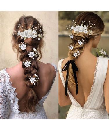 Bridal Flower Wedding Hair Pins - Crystal Pearl Clips Headpiece for Brides - Gold Hair Accessories with Rhinestone - Pure White Flower - 5 Count - Buy Online on SooperMarket.com