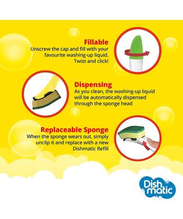 Dishmatic 3PK Fillable Washing Up Brush with Handle - Color Varies | Refillable Design for Easy Cleaning - Shop Now! - Buy Online on SooperMarket.com
