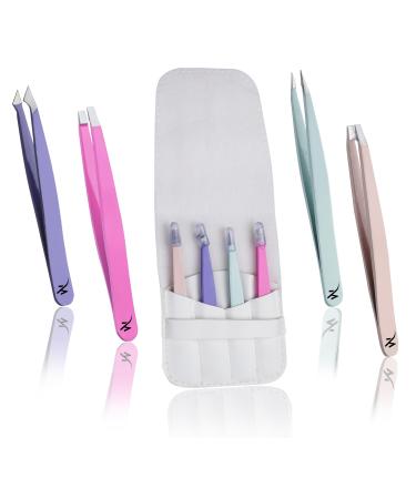 Tweezers Set 4 Pieces Professional Eyebrow Plucking Tweezers for Women and Men Precision Tweezers Set for Ingrown Hair Remove and Splinter Blackhead and Tick Remover Multicolor