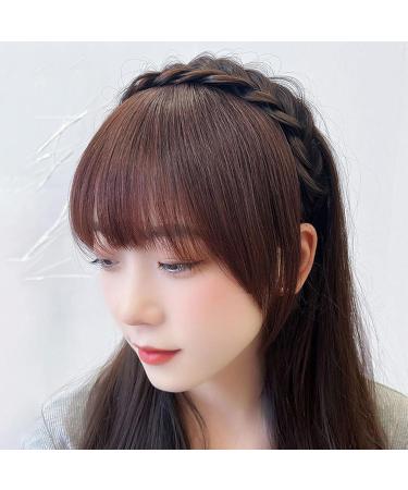 Fluffy Fake Hair Band Bangs Braid Headband Wig Bangs Headband with Bangs Fluffy Front Fake Bangs Non slip Headband Hair Extensions for Women Girls - Dark Brown - Buy Online on SooperMarket.com