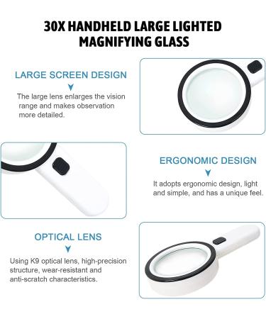 30X Handheld Magnifying Glass with Light - Ideal for Seniors, Reading, Coins, Stamps, Maps, Inspection - Illuminated Magnifier for Macular Degeneration - Buy Online on SooperMarket.com