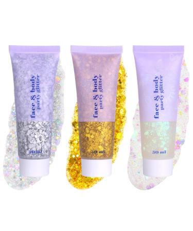 Sularpek 3Pcs Face Glitter Gel 50ml Hair Glitter Body Glitter Sequins Shimmer Liquid Eyeshadow Mermaid Sequins Glitter for Face Body Eye Hair Festival Party Makeup Decoration Gold silvery white