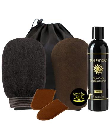 Tan Physics Self Tanner 8 Fl oz with Face & Body Mitts by Sans-Sun Black Exfoliation Gloves and Travel Bag - Tan Physics True Color Sunless Tanner - Tan Physics Sunless Tanner - 6 Pieces
