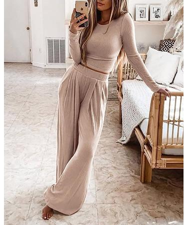 BTFBM Women's Ribbed Knit Lounge Set - Long Sleeve Crop Top & Wide Leg Pant in Solid Apricot | Size Large - Buy Online on SooperMarket.com