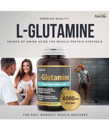 Herba L-Glutamine Capsules 750mg 180 Vegetable Capsules | 3 000mg Per Serving | Free Form L Glutamine Supplement | NPN from Health Canada | Made & 3rd Party Tested in Canada - Buy Online on SooperMarket.com