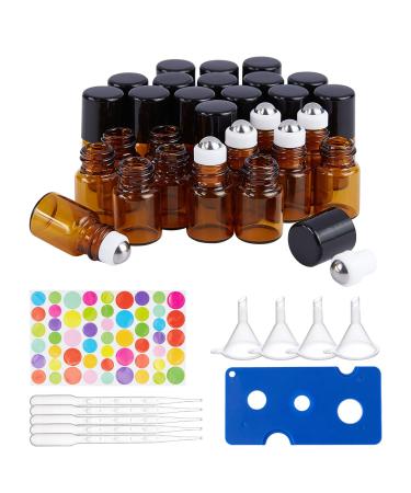Benecreat 30 Pack 2ml Bernstein glass Roll bottle with black cap mini brown essential oil roll on bottle with 4 funnel 1 opener 10 pieces 3ml droppers and 1 sheet sticker for perfume