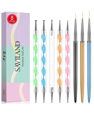 Saviland 8PCS Dotting Pen with Nail Art Liner Brush Set - 5PCS Double Ended Nail Dotting Pens 3PCS Nail Brushes Gel Paint Dotting Nail Art Tools Manicure Starter Kit for Nail Salon Home DIY