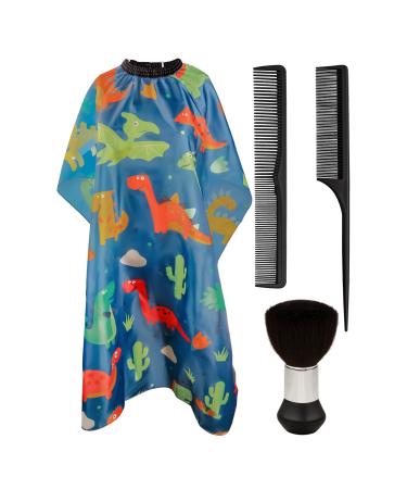 Kids haircut cape and Neck Duster Brush Hair Comb Set hair cutting cape with Adjustable Closure barber cape (Blue Cartoon Dinosaur)
