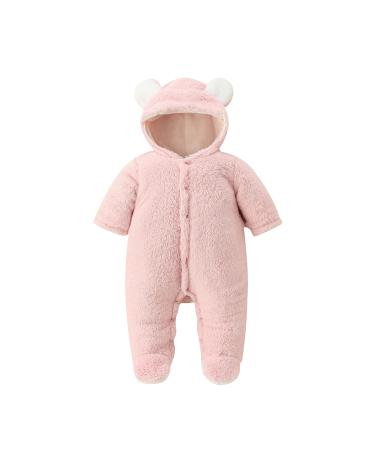 puseky Newborn Baby Cartoon Bear Snowsuit Winter Coat Fleece Hooded Footed Romper Jumpsuit Unisex Baby Winter Clothes Bodysuit 0-3 Months Fleece-Pink