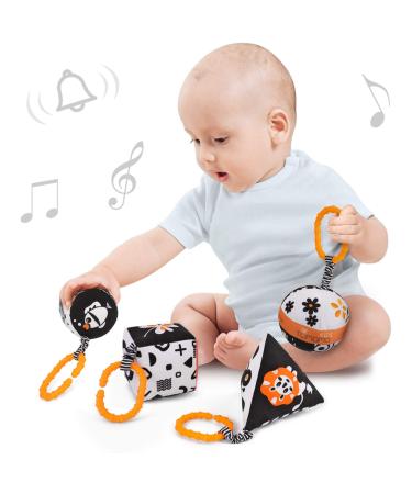 Tumama High Contrast Baby Toys black and white stroller toys for car seat baby plush rattle rings hanging toys for 0 3 6 9 12 months newborns toddlers toddlers (4 pack)