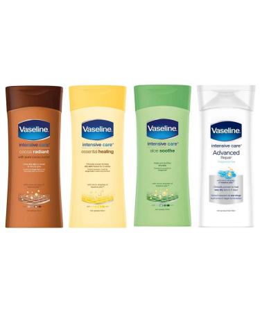 Vaseline Intensive care set - 4 x 200 ml not fatty body lotion bundle - Cocoa Radiant Essential Healing Aloe calming and Advanced Repair - heals dry skin from the world's best hand