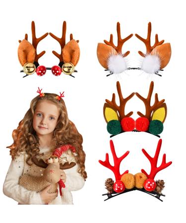 4 Pairs Christmas Deer Antler Hair Clips Cute Reindeer Antler Barrettes Plush Xmas Deer Horn Ears Hair Clips Pins Christmas Party Headwear for Girls Women