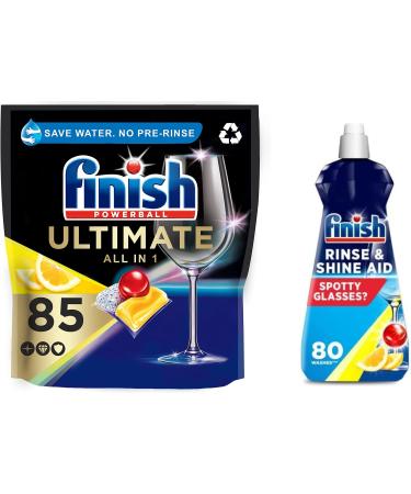 Bundle of Finish Quantum Ultimate Dishwasher Tablets Lemon Scent 85 Tablets + Finish Dishwasher Cleaner Rinse Aid | Scent : Lemon | Size : 400ml | for Ultimate Clean and Diamond Shine