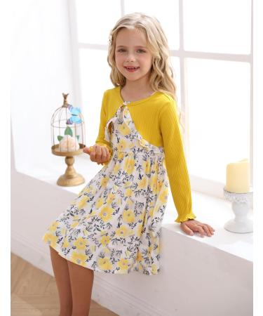 Puseky Toddler Girl Floral Print Dress and Cardigan Set, Yellow, 4-5 Years - Buy Online on SooperMarket.com