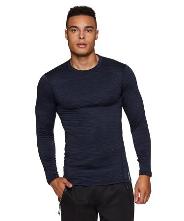RBX Active Men's Athletic Performance Long Sleeve Crew Neck Fleece Lined Insulated Fitted Base Layer T-Shirt Large F19 Navy Blue