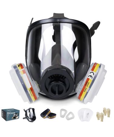Full Face Respirator Gas Mask Rhino RH-7011 for Organic Vapor Chemical Dust Painting (+ Acid Gas) Including Replacement Filters and Protection Gloves