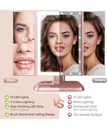Trifold Makeup Mirror with Lights - 3 Color Modes, 72 LED Vanity Mirror, 1x/2x/3x Magnification, Touch Control, Portable High Definition Cosmetic Mirror - Pale Pink - Buy Online on SooperMarket.com