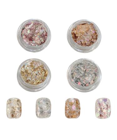 Nail Glitter Sequins 4 Jars Opal Nail Flakes Holographic Gold Irregular Paillette Iridescent Powder Nail Foil for DIY Nail Art Decoration Shining Flakes (A 4 Jars)