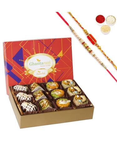 Ghasitaram Gifts Jaiccha Rakhi for Brother Exotic Dryfruit Sweets in Premium Box 12pcs with 2 Rakhis