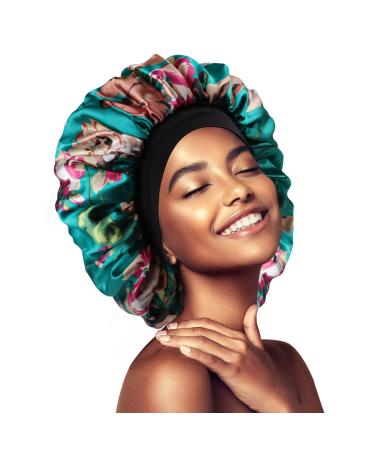 Satin Silk Hair Bonnet for Black Women Sleeping Double Layer Large Silky Lined Hair Cap Wide Band Hair Strap Sleep Bonnet for Girl Hair Curly(Double Layer Green Flower) 1 Pcs Double Layer Green Flower
