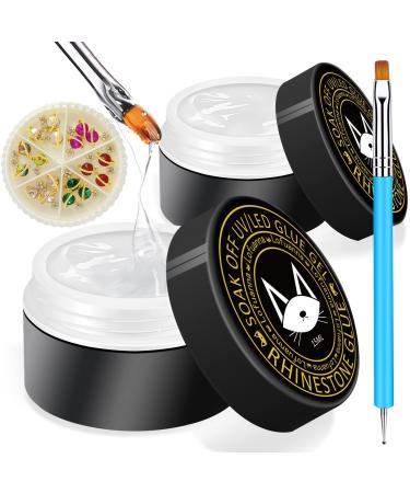 Lofuanna Rhinestone Glue Gel Kit 2PCS 15ml Clear No Wipe Adhesive Resin Gems Diamonds Jewelry Beads Stone Gel Nail Polish Nail Art Decoration with 1 Dual-Purpose Brush Pen + Rhinestone 2 PCS