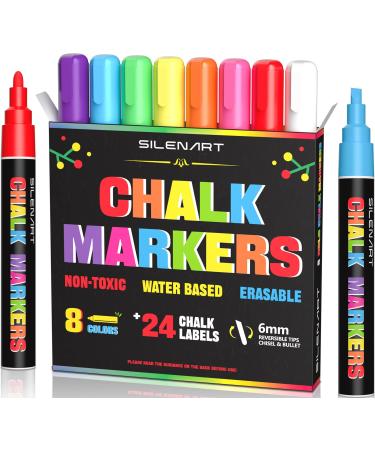 SILENART Durable Chalk Markers - Includes 8 Long-lasting Colors and 24 Labels - Chalkboad Markers for Kids Liquid Chalk Markers Erasbale Window Markers for Car Glass Washable Reversible Tip 1 Count (Pack of 8)