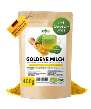 EWL natural products organic golden milk with barley grass 400g golden milk with turmeric barley grass ginger Ashwaganda Ceylon cinnamon ceylon pepper coconut blossom sugar Golden milk 400.00 g (1 Pack)
