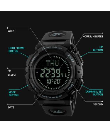 Mens Military Digital Sports Watch with Survival Compass | 50M Waterproof, 3 Alarm, Stopwatch | Black - Buy Online on SooperMarket.com
