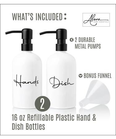 Alora Hand Soap Dispenser and Liquid Dish Soap Dispenser for Kitchen Sink - Set of 2 - Black Metal Pumps - Reusable Plastic Bottle with Easy to Read Lettering - Countertop Replacement Refill Set of 2 (16 Ounce) White - Buy Online on SooperMarket.com