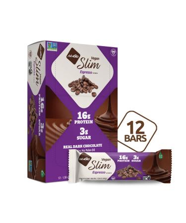 NuGo Slim Dark Chocolate Espresso, 16g Vegan Protein, 3g Sugar, 7g Fiber, 170 Calories, Low Net Carbs, Gluten Free, 12 Count