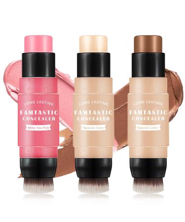 HOSAILY 2 in 1 Double-ended Cream Blush Contour Highlight Stick for Cheeks Eyes Lips Creamy Makeup Stick Set Waterproof and Long Lasting Makeup Sticks with Brush(3 PCS) 3 Count (Pack of 1)