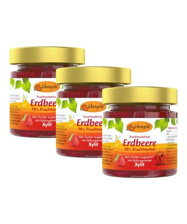 Birch gold strawberry jam 3 x 200 g |Without added sugar |sweetened with European xylitol70 % fruit content |With organic fruits |Vegan strawberry 600 g (3 pack)