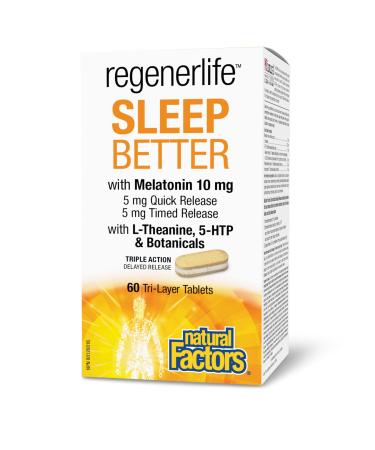 Natural Factors Regenerlife Sleep Better 60 Tri-Layer Tablets 5 mg Quick Release Melatonin 5 mg Timed Release Melatonin L-Theanine 5-HTP and Botanicals Promotes a Longer Better Quality of Sleep Non-Habit Forming