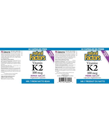 Natural Factors Vitamin K2 100 mcg BONUS SIZE 360 Vegetarian Capsules MK-7 from Natto Bean Helps Support Bones Vegan 60 Free Capsules - Buy Online on SooperMarket.com