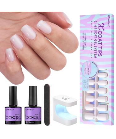 btartboxnails Gel Nail Tips and Gl ue Gel Kit - Pre Colored Milky White Soft Gel Nail Tips Kit XS Short Square Milky White XCOATTIPS Pre Applied Tip Primer Gel Nail Extension Kit