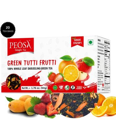 Peosa Delight Tea - Green Tutti Frutti Darjeeling Green Tea Blend with Alphonso Mango, Sweet Lime, Apple, Orange, Strawberry | Exotic Fruits | 3.52 Oz Box (40 Cups) - Buy Online on SooperMarket.com
