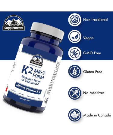 Vitamin K2 MK-7 150 Caps - K2 Vitamin Supplement MK-7 Vitamin K-2 100 mcg - Heart Health - Cardiovascular Health - Blood Clotting -3rd Party Tested - Formulated & Made in Canada 150 count (Pack of 1) - Buy Online on SooperMarket.com