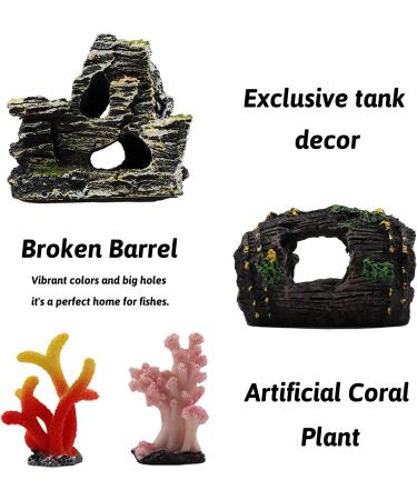 PietyPet 15pcs Fish Tank Decorations: Resin Broken Barrel, Cave Rock, Plastic Plants, Hideout Ornaments - Aquarium Decor Set - Buy Online on SooperMarket.com