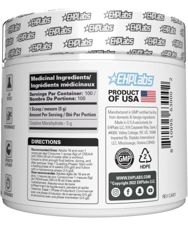 EHP Labs CREA-8 Creatine Monohydrate Powder - Creatine Powder for Building Lean Muscle Mass Improves Strength & Power Supports Brain Health - 100 Servings (500g) - Buy Online on SooperMarket.com