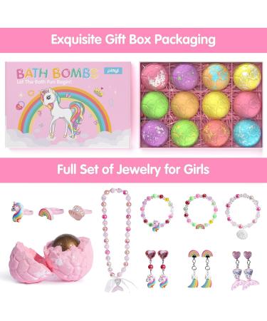 Unicorn Bath Bombs for Girls Kids with Surprise Jewelry Toys Inside - 12+1 Pack | Mermaid Necklace and Dino Egg Bubble Bath Bombs for Princess Girls - Buy Online on SooperMarket.com