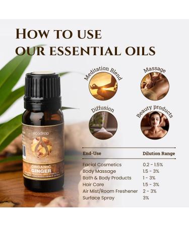 Organic Ginger Essential Oil 10ml by Ecodrop - Therapeutic Grade, Cosmos Certified, Pure Ginger Root Oil for Aromatherapy with Free E-Book - Buy Online on SooperMarket.com