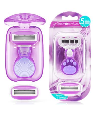 Travel Razors for Women Include 1 Handle and 2 Cartridges Extra Smooth 5-Blade Travel Essentials Razor with Travel Case Portable Travel Size Toiletries for Women Purple