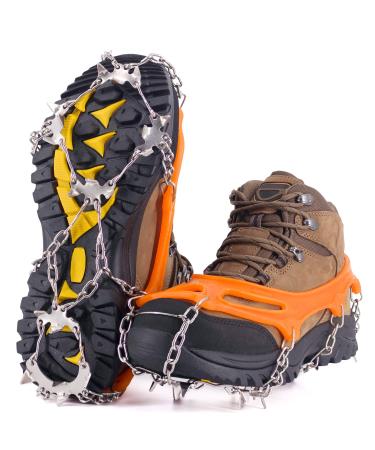 NewDoar Ice Cleats Crampons Traction,19 Spikes Stainless Steel Anti Slip Ice Snow Grips for Women, Kids, Men Shoes Boots, Safe Protect for Mountaineering, Climbing, Hiking, Walking, Fishing,M, L, XL Orange XL(Boot Size: M 11-14/W 12+)