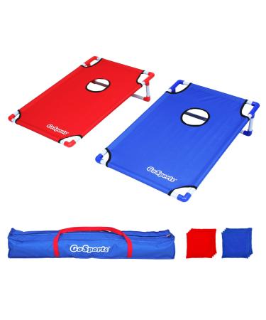 GoSports Portable PVC Framed Cornhole Toss Game Set with 8 Bean Bags and Travel Carrying Case - Choose American Flag Design, Red & Blue or Football