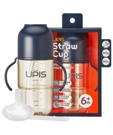 Medience UPIS Silicone PPSU Baby Sippy Cup with Straw  8.8 oz./ 260ml (Navy) - Spill-Proof BPA-Free Drinking Bottle with Anti-Colic Air Vent and Handles - For Kids and Toddlers Six Months Onwards