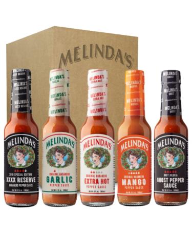 Melindas Habanero Hot Sauce Variety Pack - Extra Spicy Gourmet Hot Sauce Gift Set with Variety of Heat Levels - Includes XXXXtra Reserve, Garlic Habanero, Extra Hot, Mango, Ghost Pepper- 5 oz, 5 Pack Habanero Variety 5 Pack