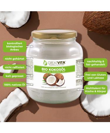 GreatVita Organic Virgin Coconut Oil 1000ml - Premium Glass Jar for Cooking Baking Skin & Hair Care - Buy Online on SooperMarket.com