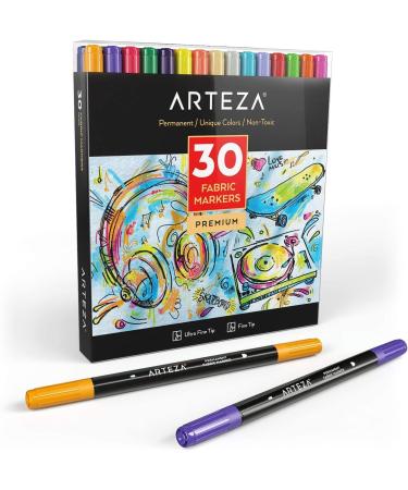 ARTEZA Fabric Paint Markers Set of 30 Permanent Dual-Tip Textile Marker Assorted Colors Art Supplies for Coloring T-Shirts Jeans Jackets and Backpacks Multicolor 1 Count (Pack of 30)