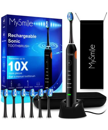 MySmile Electric Toothbrush for Adults, Rechargeable Sonic Electronic Toothbrush with 6 Brush Heads and Travel Case, 2 Mins 5 Modes Smart Timer, 48000VPM 10X Powerful Than Manual Toothbrush (Black)